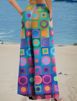 Women's Wide Leg Chinos Baggy Pants Vacation Vintage Fashion Full Length High Waist Floral Graphic Abstract Printing Soft Breathable Micro-elastic Formal Outdoor Vacation Blue Orange Summer Spring