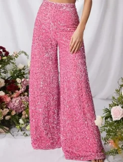 Women's Wide Leg Chinos Baggy Pants Fashion Streetwear Full Length High Waist Plain Sequins Comfy Soft Comfortable Micro-elastic Outdoor Party Street Black Pink Red Summer Spring Regular Fit