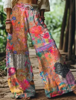 Women's Wide Leg Chinos Baggy Pants Vacation Vintage Ethnic Style Full Length High Waist Floral Graphic Printing Thermal Warm Soft Breathable Micro-elastic Vacation Street Causal claret Deep Green