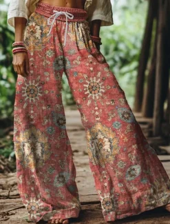 Women's Wide Leg Chinos Baggy Pants Vacation Vintage Ethnic Style Full Length High Waist Floral Graphic Printing Thermal Warm Soft Breathable Micro-elastic Vacation Street Causal claret Deep Green