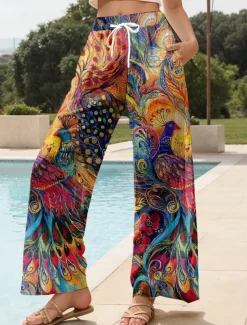Women's Wide Leg Chinos Baggy Pants Vacation Vintage Fashion Full Length High Waist Floral Graphic Peacock Printing Soft Breathable Micro-elastic Formal Outdoor Vacation Robin's Egg Blue Ruby Red