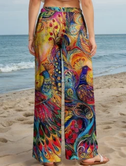 Women's Wide Leg Chinos Baggy Pants Vacation Vintage Fashion Full Length High Waist Floral Graphic Peacock Printing Soft Breathable Micro-elastic Formal Outdoor Vacation Robin's Egg Blue Ruby Red