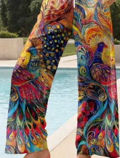 Women's Wide Leg Chinos Baggy Pants Vacation Vintage Fashion Full Length High Waist Floral Graphic Peacock Printing Soft Breathable Micro-elastic Formal Outdoor Vacation Robin's Egg Blue Ruby Red