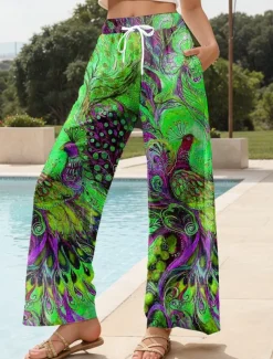 Women's Wide Leg Chinos Baggy Pants Vacation Vintage Fashion Full Length High Waist Floral Graphic Peacock Printing Soft Breathable Micro-elastic Formal Outdoor Vacation Robin's Egg Blue Ruby Red