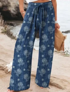 Women's Wide Leg Chinos Baggy Pants Vacation Fashion Hawaiian Full Length High Waist Floral Graphic Drawstring Printing Soft Breathable Micro-elastic Vacation Street Causal Violet off-white Deep Blue