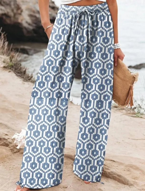 Women's Wide Leg Chinos Baggy Pants Vacation Fashion Hawaiian Full Length High Waist Floral Graphic Drawstring Printing Soft Breathable Micro-elastic Vacation Street Causal Violet off-white Deep Blue