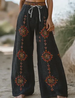 Women's Wide Leg Chinos Baggy Pants Vacation Vintage Ethnic Style Full Length High Waist Floral Graphic Printing Thermal Warm Soft Breathable Micro-elastic Vacation Street Causal Sky Blue And White