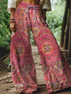 Women's Wide Leg Chinos Baggy Pants Vacation Vintage Ethnic Style Full Length High Waist Floral Graphic Printing Thermal Warm Soft Breathable Micro-elastic Vacation Street Causal Sky Blue And White