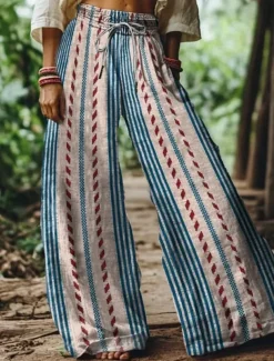 Women's Wide Leg Chinos Baggy Pants Vacation Vintage Ethnic Style Full Length High Waist Floral Graphic Printing Thermal Warm Soft Breathable Micro-elastic Vacation Street Causal Sky Blue And White