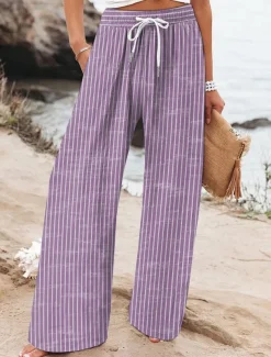Women's Wide Leg Chinos Baggy Pants Vacation Vintage Fashion Full Length High Waist Graphic Striped Printing Micro-elastic Formal Vacation Street Violet Robin's Egg Blue Green Summer Spring Regular