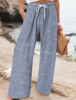Women's Wide Leg Chinos Baggy Pants Vacation Vintage Fashion Full Length High Waist Graphic Striped Printing Micro-elastic Formal Vacation Street Violet Robin's Egg Blue Green Summer Spring Regular