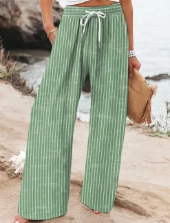 Women's Wide Leg Chinos Baggy Pants Vacation Vintage Fashion Full Length High Waist Graphic Striped Printing Micro-elastic Formal Vacation Street Violet Robin's Egg Blue Green Summer Spring Regular