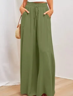 Women's Wide Leg Chinos Baggy Pants Basic Casual Full Length High Waist Plain Pocket Elastic Waistband Comfy Soft Comfortable Micro-elastic Outdoor Street Blue Orange Green Khaki Summer Spring