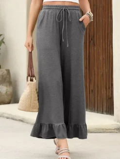 Women's Wide Leg Chinos Cropped Pants Basic Casual Ankle-Length High Waist Plain Pocket Elastic Waistband Comfy Soft Comfortable Micro-elastic Outdoor Street Black Pink Navy Blue Blue Summer Spring