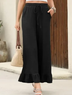 Women's Wide Leg Chinos Cropped Pants Basic Casual Ankle-Length High Waist Plain Pocket Elastic Waistband Comfy Soft Comfortable Micro-elastic Outdoor Street Black Pink Navy Blue Blue Summer Spring