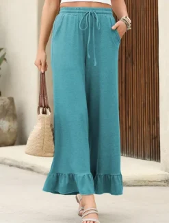 Women's Wide Leg Chinos Cropped Pants Basic Casual Ankle-Length High Waist Plain Pocket Elastic Waistband Comfy Soft Comfortable Micro-elastic Outdoor Street Black Pink Navy Blue Blue Summer Spring