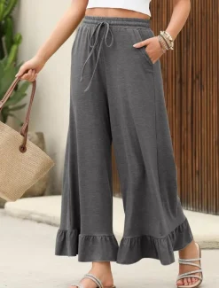 Women's Wide Leg Chinos Cropped Pants Basic Casual Ankle-Length High Waist Plain Pocket Elastic Waistband Comfy Soft Comfortable Micro-elastic Outdoor Street Black Pink Navy Blue Blue Summer Spring