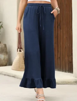 Women's Wide Leg Chinos Cropped Pants Basic Casual Ankle-Length High Waist Plain Pocket Elastic Waistband Comfy Soft Comfortable Micro-elastic Outdoor Street Black Pink Navy Blue Blue Summer Spring
