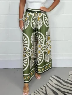 Women's Wide Leg Chinos Fashion Streetwear Full Length High Waist Floral Elastic Waistband Print Comfy Soft Comfortable Micro-elastic Outdoor Street Apple Green Black Dark Navy Green Summer Spring