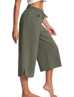Women's Wide Leg Chinos Fashion Streetwear Calf-Length High Waist Plain Pocket Elastic Waistband Comfy Soft Comfortable Micro-elastic Outdoor Street Navy-blue Army Green Black Blue Summer Spring