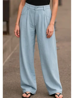 Women's Wide Leg Chinos Pants Trousers Basic Casual Full Length High Waist Plain Comfort Outdoor Inelastic Vacation Street Daily Pink Beige Gray Light Blue Summer Spring Loose Fit