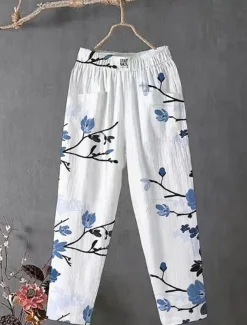 Women's Wide Leg Chinos Slacks Vacation Vintage Ethnic Style Full Length High Waist Floral Graphic Animal Pocket Comfy Breathability Lightweight Inelastic Outdoor Vacation Causal White Blue Summer
