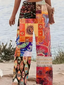 Women's Wide Leg Chinos Vacation Vintage Ethnic Style Long High Waist Graphic Plaid Checkered Pocket Elastic Waistband Comfy Soft Comfortable Micro-elastic Outdoor Street Blue Orange Summer Spring