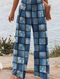 Women's Wide Leg Chinos Vacation Vintage Ethnic Style Long High Waist Graphic Plaid Checkered Pocket Elastic Waistband Comfy Soft Comfortable Micro-elastic Outdoor Street Blue Orange Summer Spring