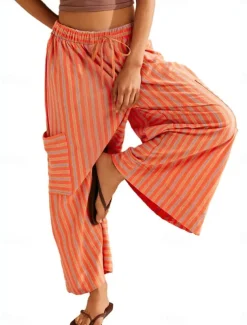 Women's Wide Leg Chinos Vacation Fashion Streetwear Full Length High Waist Plain Elastic Waistband Printing Comfy Soft Comfortable Micro-elastic Outdoor Vacation Street Orange red Blue Orange Green