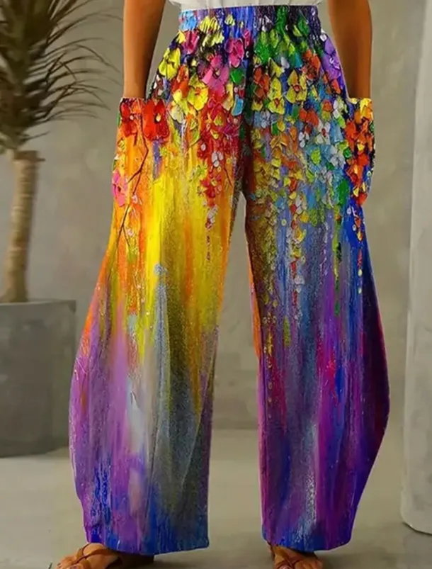 Women's Wide Leg Chinos Vacation Vintage Ethnic Style Full Length High Waist Floral Graphic Abstract Elastic Waistband Inelastic Causal Casual Daily Purple Green Light Green Summer Spring Loose Fit
