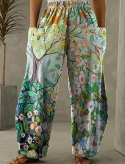 Women's Wide Leg Chinos Vacation Vintage Ethnic Style Full Length High Waist Floral Graphic Abstract Elastic Waistband Inelastic Causal Casual Daily Purple Green Light Green Summer Spring Loose Fit