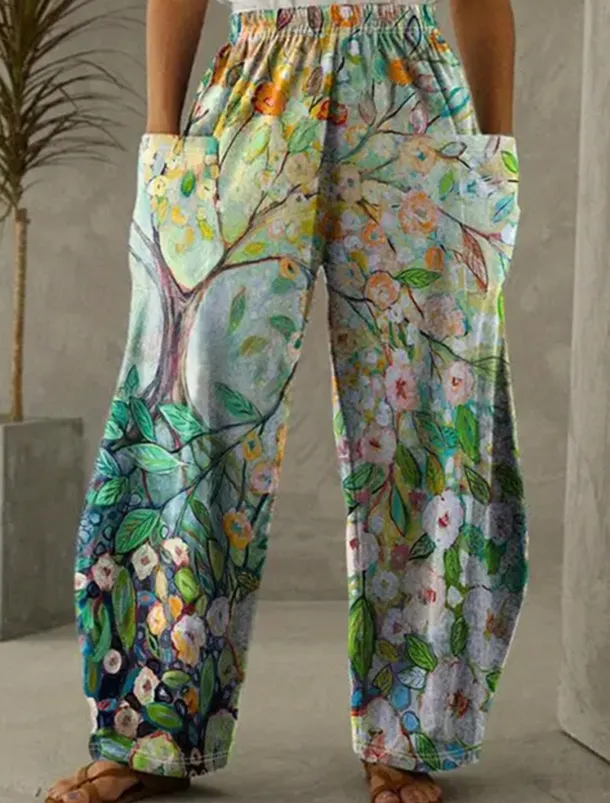 Women's Wide Leg Chinos Vacation Vintage Ethnic Style Full Length High Waist Floral Graphic Abstract Elastic Waistband Inelastic Causal Casual Daily Purple Green Light Green Summer Spring Loose Fit