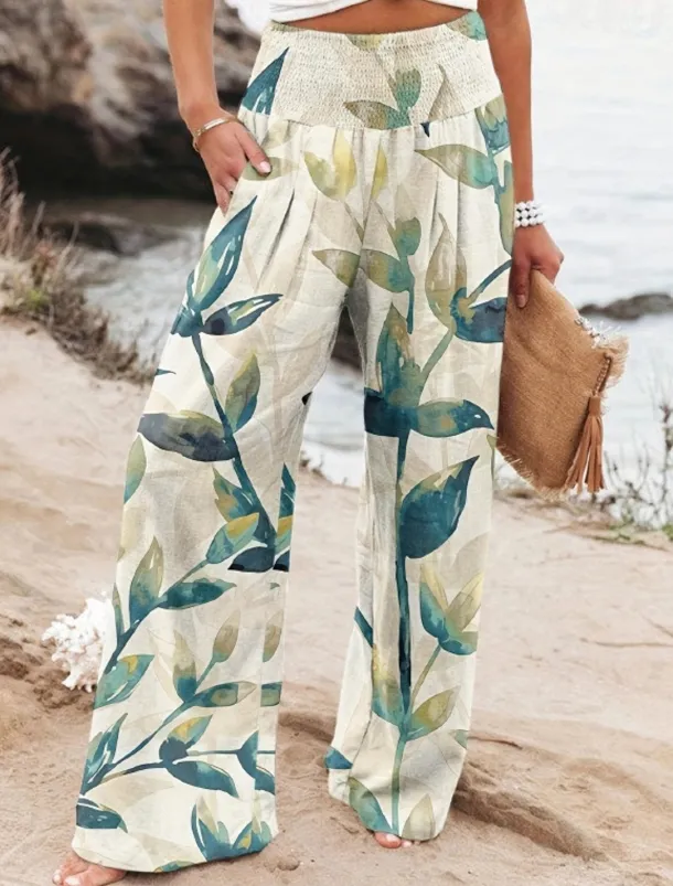 Women's Wide Leg Cotton Linen Pants Slacks Streetwear Casual Full Length Natural Floral Pocket Printing Comfy Outdoor Outdoor Vacation Street Black Grey Orange red Forest Green Depression Green Summer