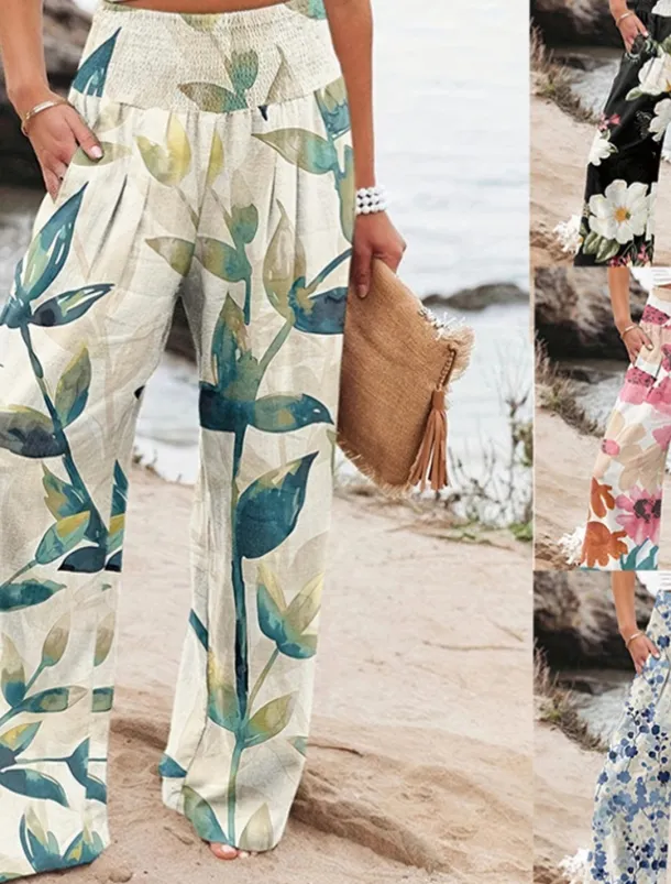 Women's Wide Leg Cotton Linen Pants Slacks Streetwear Casual Full Length Natural Floral Pocket Printing Comfy Outdoor Outdoor Vacation Street Black Grey Orange red Forest Green Depression Green Summer