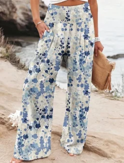 Women's Wide Leg Cotton Linen Pants Slacks Streetwear Casual Full Length Natural Floral Pocket Printing Comfy Outdoor Outdoor Vacation Street Black Grey Orange red Forest Green Depression Green Summer