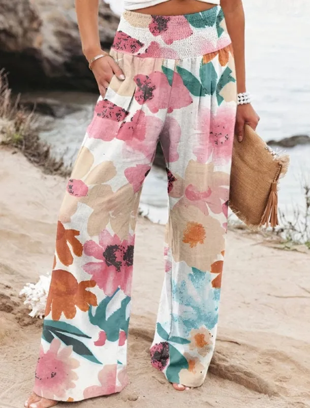 Women's Wide Leg Cotton Linen Pants Slacks Streetwear Casual Full Length Natural Floral Pocket Printing Comfy Outdoor Outdoor Vacation Street Black Grey Orange red Forest Green Depression Green Summer