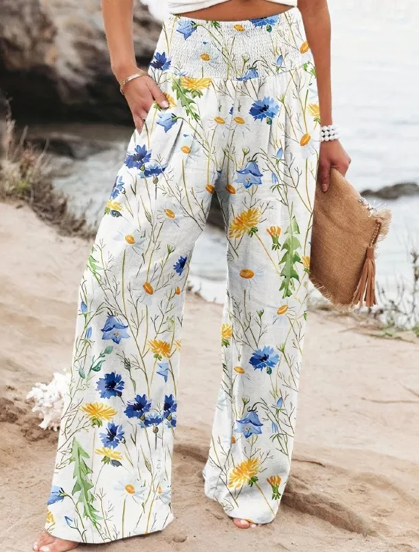 Women's Wide Leg Cotton Linen Pants Slacks Streetwear Casual Full Length Natural Floral Pocket Printing Comfy Outdoor Outdoor Vacation Street Black Grey Orange red Forest Green Depression Green Summer