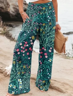 Women's Wide Leg Cotton Linen Pants Slacks Streetwear Casual Full Length Natural Floral Pocket Printing Comfy Outdoor Outdoor Vacation Street Black Grey Orange red Forest Green Depression Green Summer