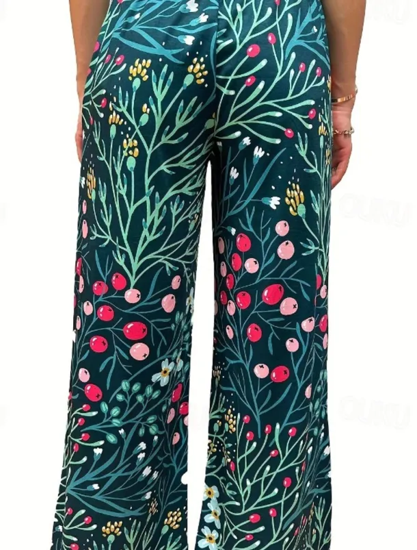 Women's Wide Leg Cotton Linen Pants Slacks Streetwear Casual Full Length Natural Floral Pocket Printing Comfy Outdoor Outdoor Vacation Street Black Grey Orange red Forest Green Depression Green Summer
