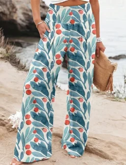 Women's Wide Leg Cotton Linen Pants Slacks Streetwear Casual Full Length Natural Floral Pocket Printing Comfy Outdoor Outdoor Vacation Street Black Grey Orange red Forest Green Depression Green Summer