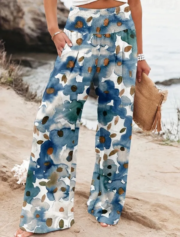 Women's Wide Leg Cotton Linen Pants Slacks Streetwear Casual Full Length Natural Floral Pocket Printing Comfy Outdoor Outdoor Vacation Street Black Grey Orange red Forest Green Depression Green Summer