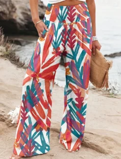 Women's Wide Leg Cotton Linen Pants Slacks Streetwear Casual Full Length Natural Floral Pocket Printing Comfy Outdoor Outdoor Vacation Street Black Grey Orange red Forest Green Depression Green Summer