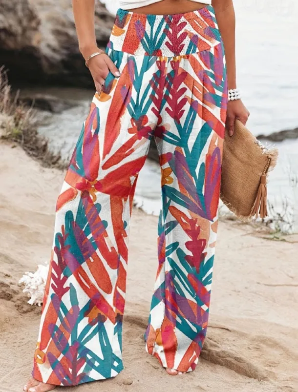 Women's Wide Leg Cotton Linen Pants Slacks Streetwear Casual Full Length Natural Floral Pocket Printing Comfy Outdoor Outdoor Vacation Street Black Grey Orange red Forest Green Depression Green Summer