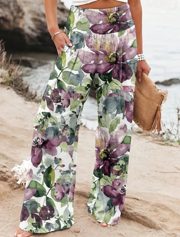 Women's Wide Leg Cotton Linen Pants Slacks Streetwear Casual Full Length Natural Floral Pocket Printing Comfy Outdoor Outdoor Vacation Street Black Grey Orange red Forest Green Depression Green Summer