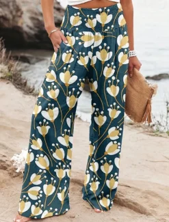 Women's Wide Leg Cotton Linen Pants Slacks Streetwear Casual Full Length Natural Floral Pocket Printing Comfy Outdoor Outdoor Vacation Street Black Grey Orange red Forest Green Depression Green Summer