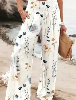 Women's Wide Leg Cotton Linen Pants Slacks Streetwear Casual Full Length Natural Floral Pocket Printing Comfy Outdoor Outdoor Vacation Street Black Grey Orange red Forest Green Depression Green Summer