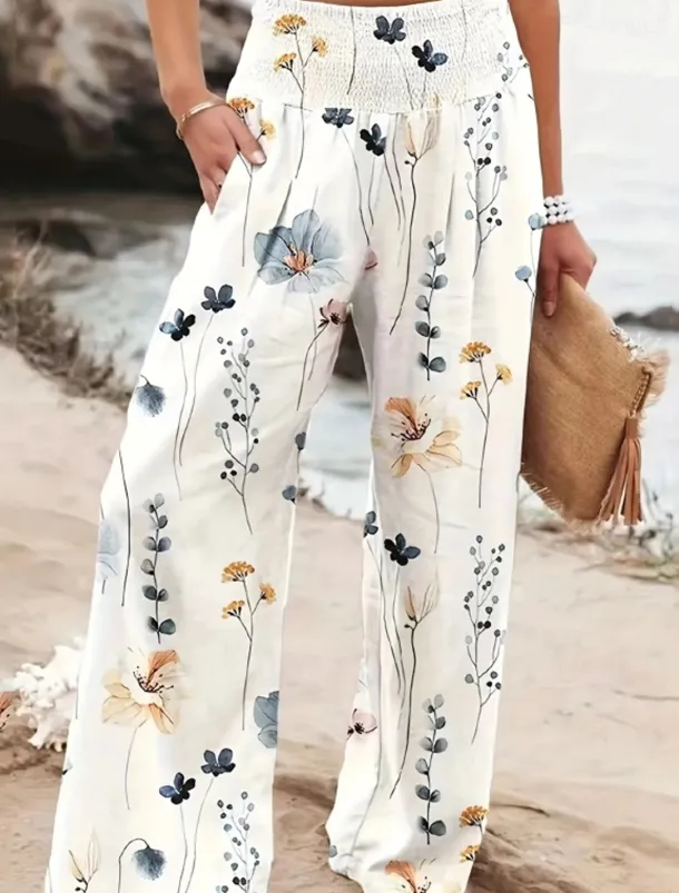 Women's Wide Leg Cotton Linen Pants Slacks Streetwear Casual Full Length Natural Floral Pocket Printing Comfy Outdoor Outdoor Vacation Street Black Grey Orange red Forest Green Depression Green Summer