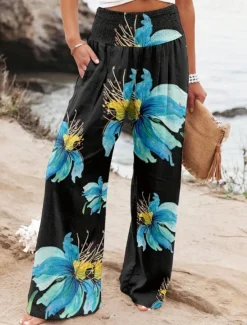 Women's Wide Leg Cotton Linen Pants Slacks Streetwear Casual Full Length Natural Floral Pocket Printing Comfy Outdoor Outdoor Vacation Street Black Grey Orange red Forest Green Depression Green Summer