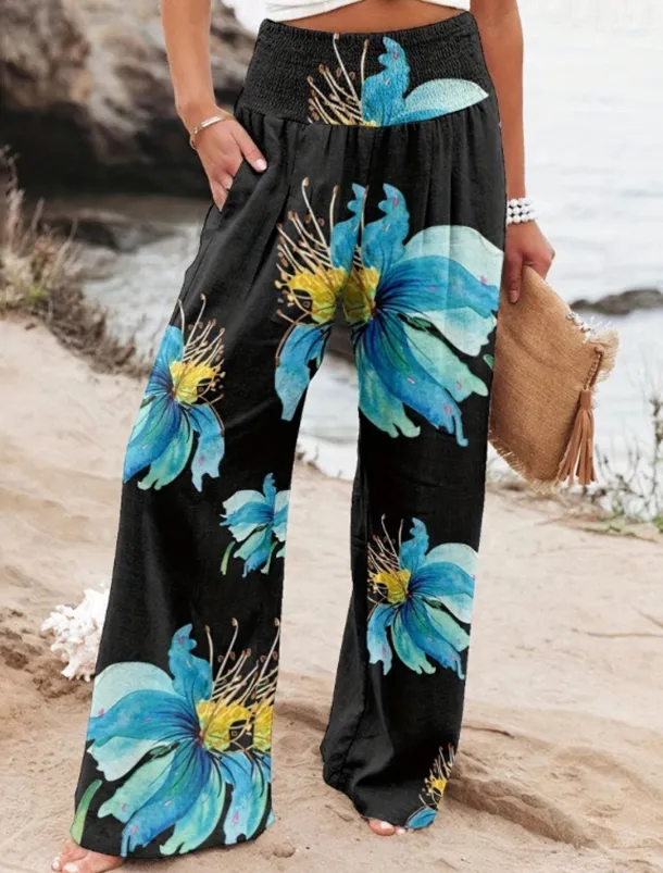 Women's Wide Leg Cotton Linen Pants Slacks Streetwear Casual Full Length Natural Floral Pocket Printing Comfy Outdoor Outdoor Vacation Street Black Grey Orange red Forest Green Depression Green Summer