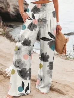 Women's Wide Leg Cotton Linen Pants Slacks Streetwear Casual Full Length Natural Floral Pocket Printing Comfy Outdoor Outdoor Vacation Street Black Grey Orange red Forest Green Depression Green Summer